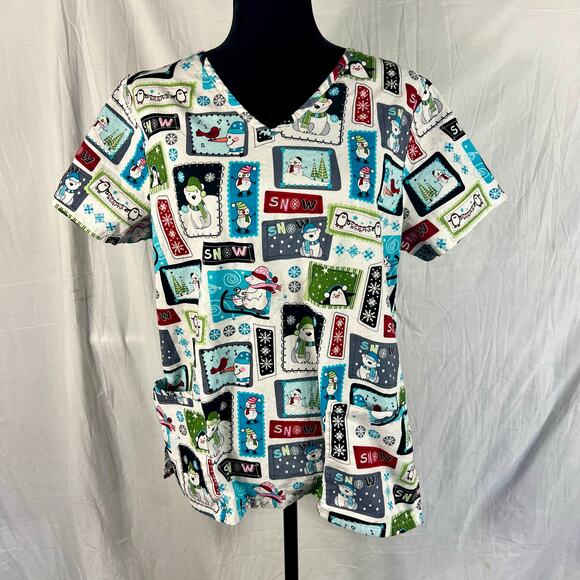 SB Scrubs Top Christmas Winter Snowman Unisex Medium Pockets Nursing Medical - Picture 1 of 9